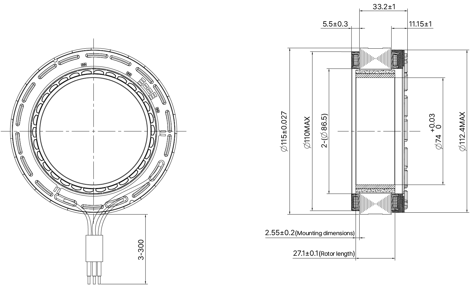 Frameless Motor Size 115mm Dimensional Drawing